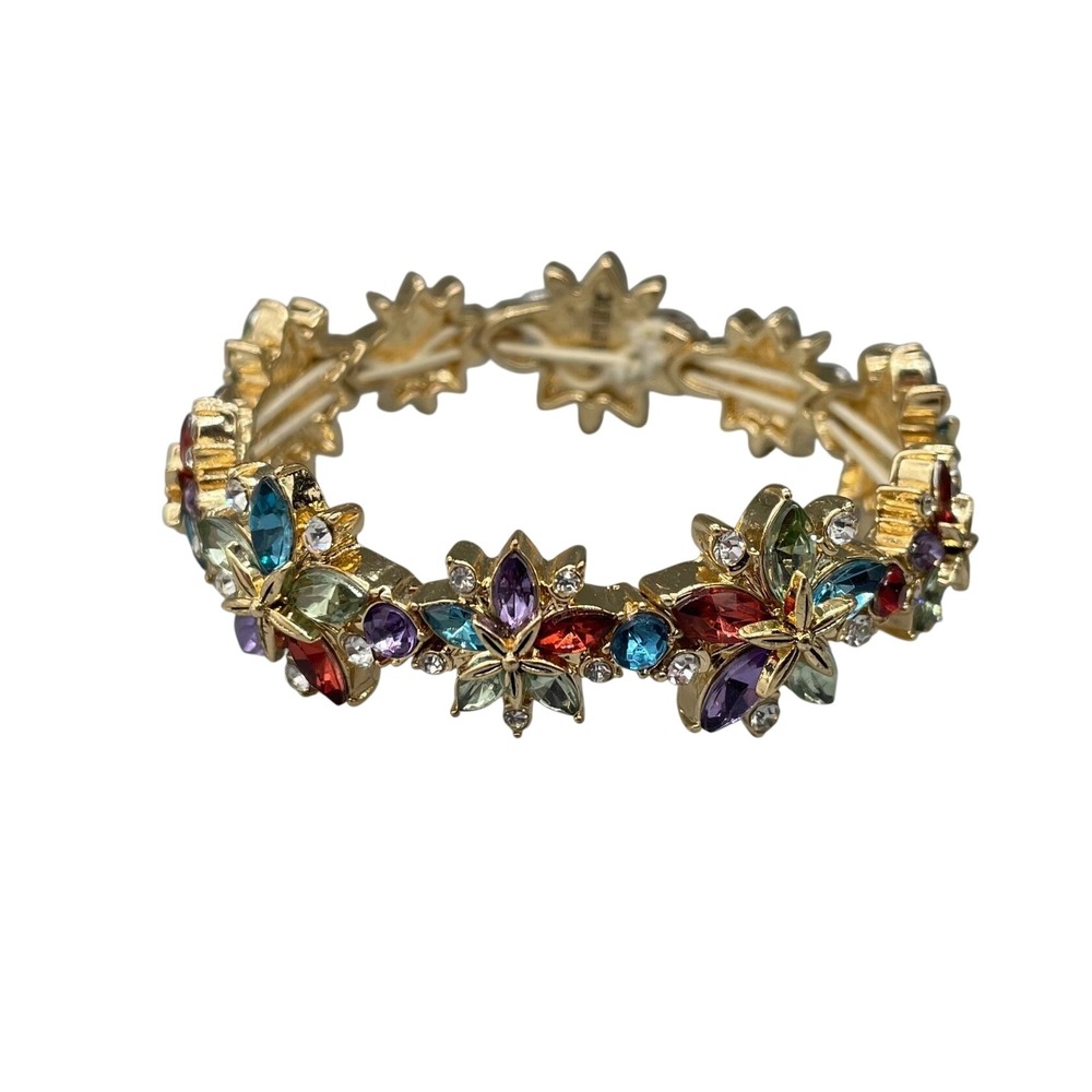 Napier Gold Tone Multi Color Rhinestone Flower Stretch Bracelet Vintage